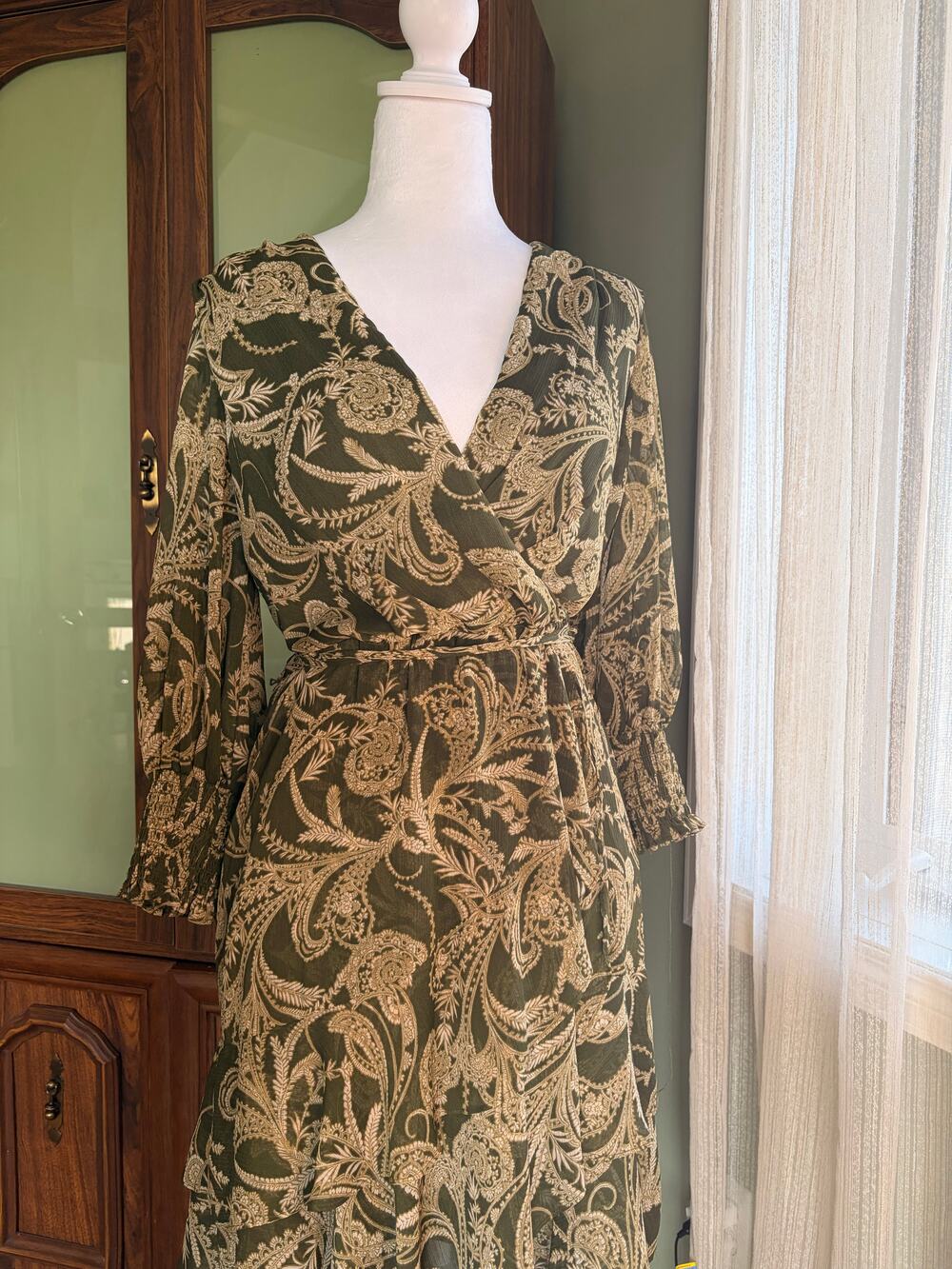 Tommy Hilfiger Olive Paisley Midi Dress US 6 Wrap Boho Cottagecore Tiered Long S
